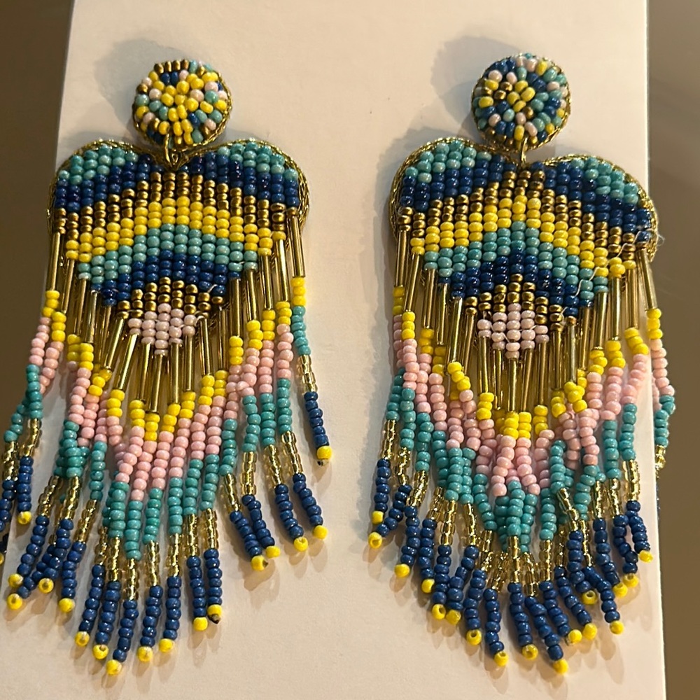 Pastel Color Seed Beaded Heart Shaped Tassel Earrings in Gold Tone